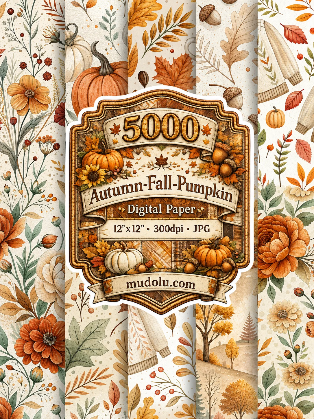 5000 Autumn Digital Paper Bundle, Fall Pumpkin Leaves Acorn Sunflower product image (7)