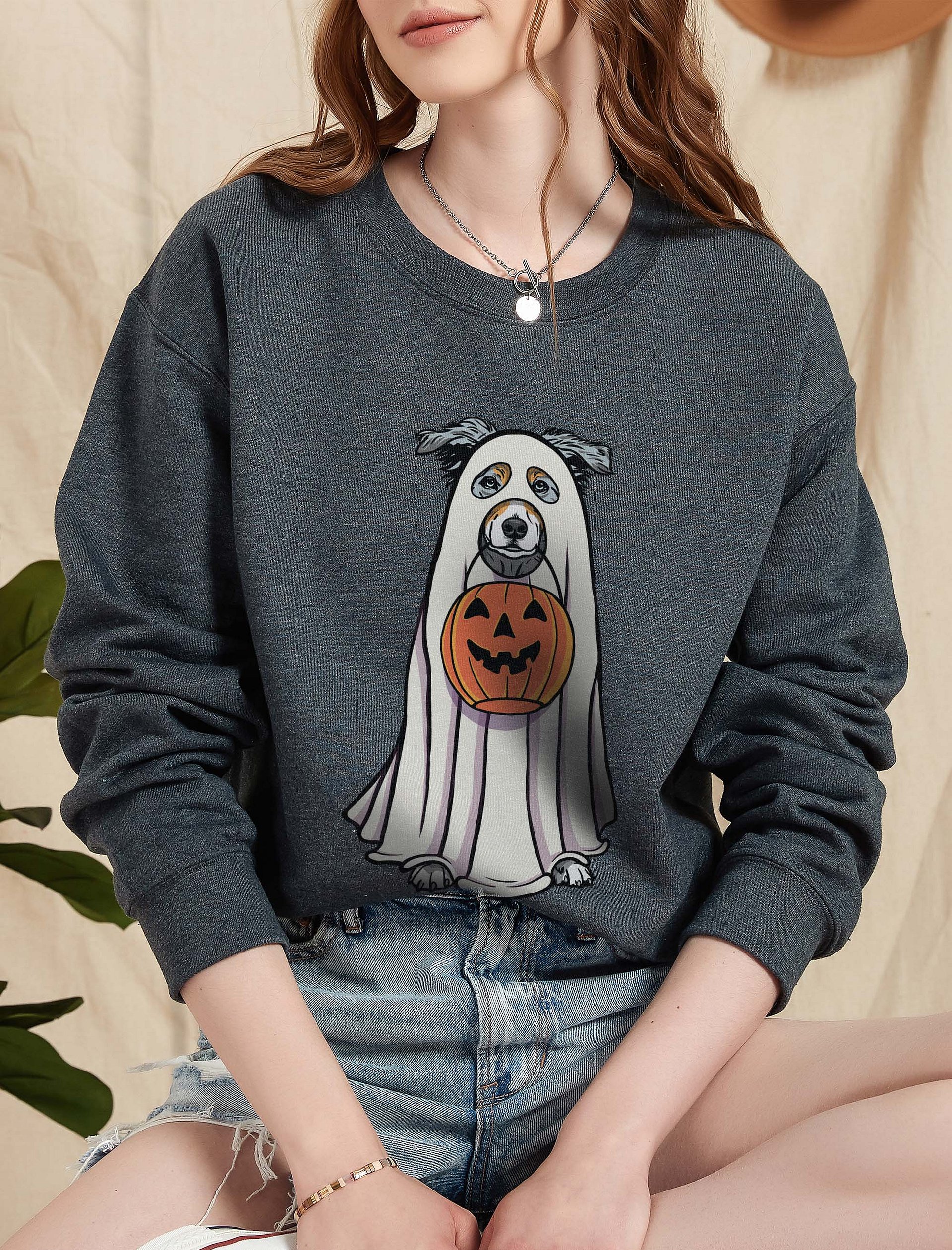 Funny Halloween Australian Shepherd(Blue Merle) Sweatshirt | Funny Aussie Wearing a Ghost Costume and Holding a Pumpkin Basket product image (2)