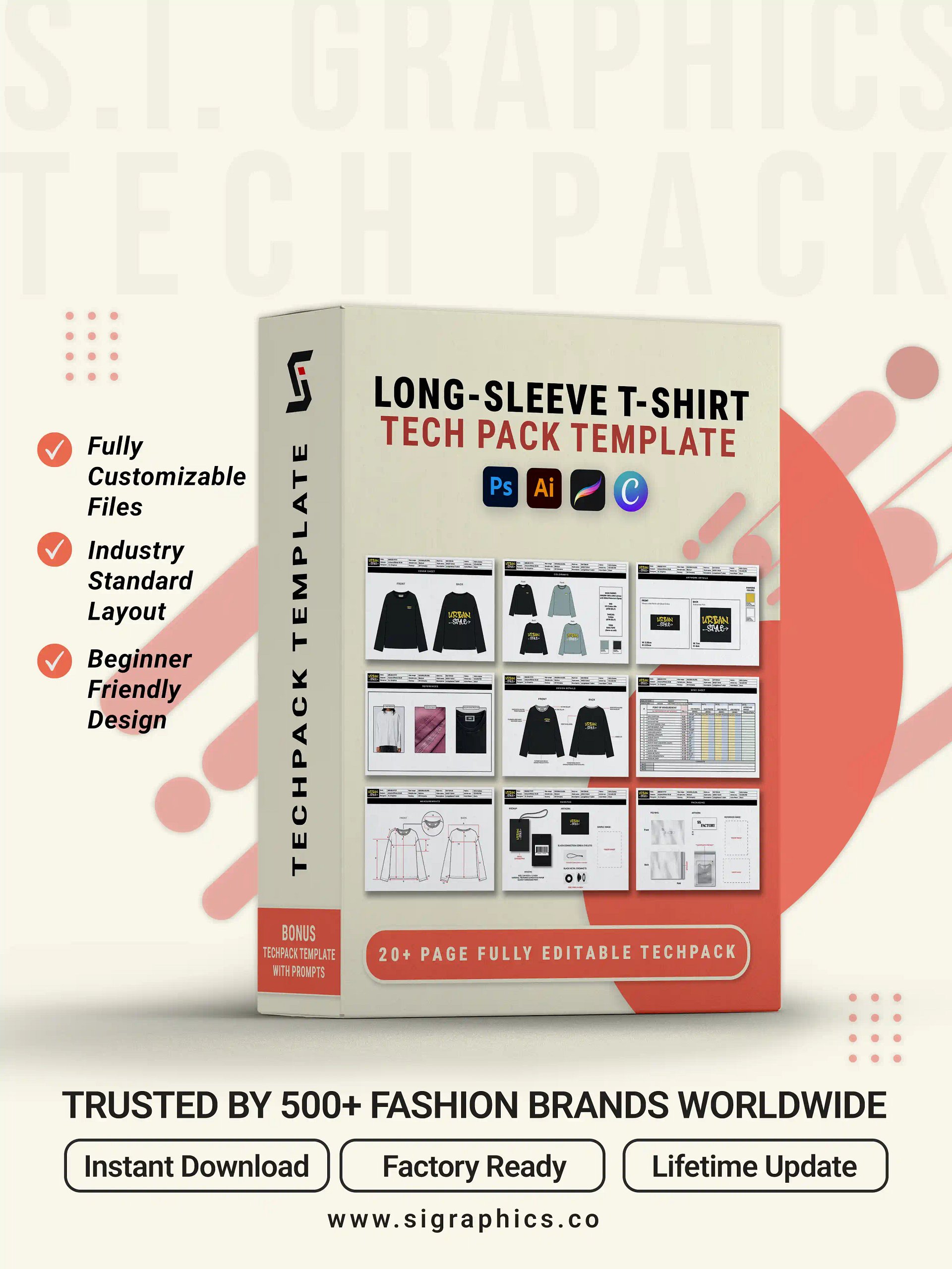 Long Sleeve T-Shirt Tech Pack Template product image (1)