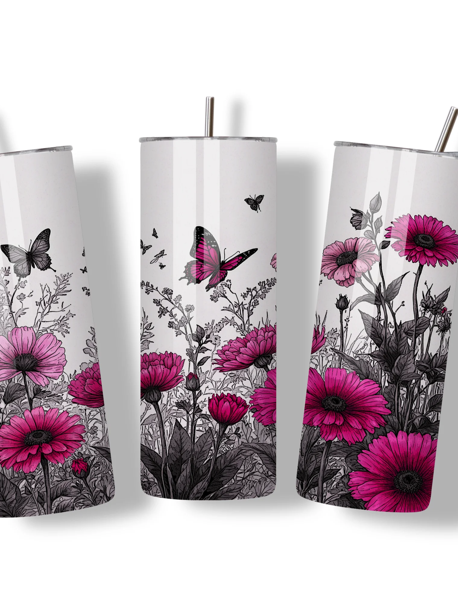 Butterfly & Floral 20oz Skinny Tumbler with Metal Straw – Pink and Black Garden Design with Flowers and Butterflies – Double-Walled Insulated Stainless Steel Tumbler, Gift for Nature Lovers product image (4)