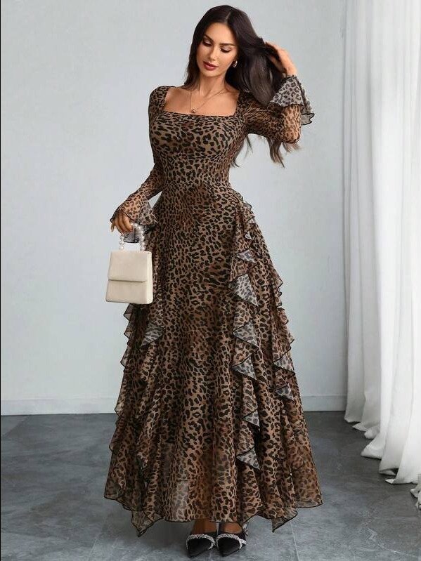 ADLEST Women's Elegant Sexy Modern And Gorgeous Long Sleeve Y2K Romantic Pleated Two-Layer Abstract Leopard Print Dress product image (1)
