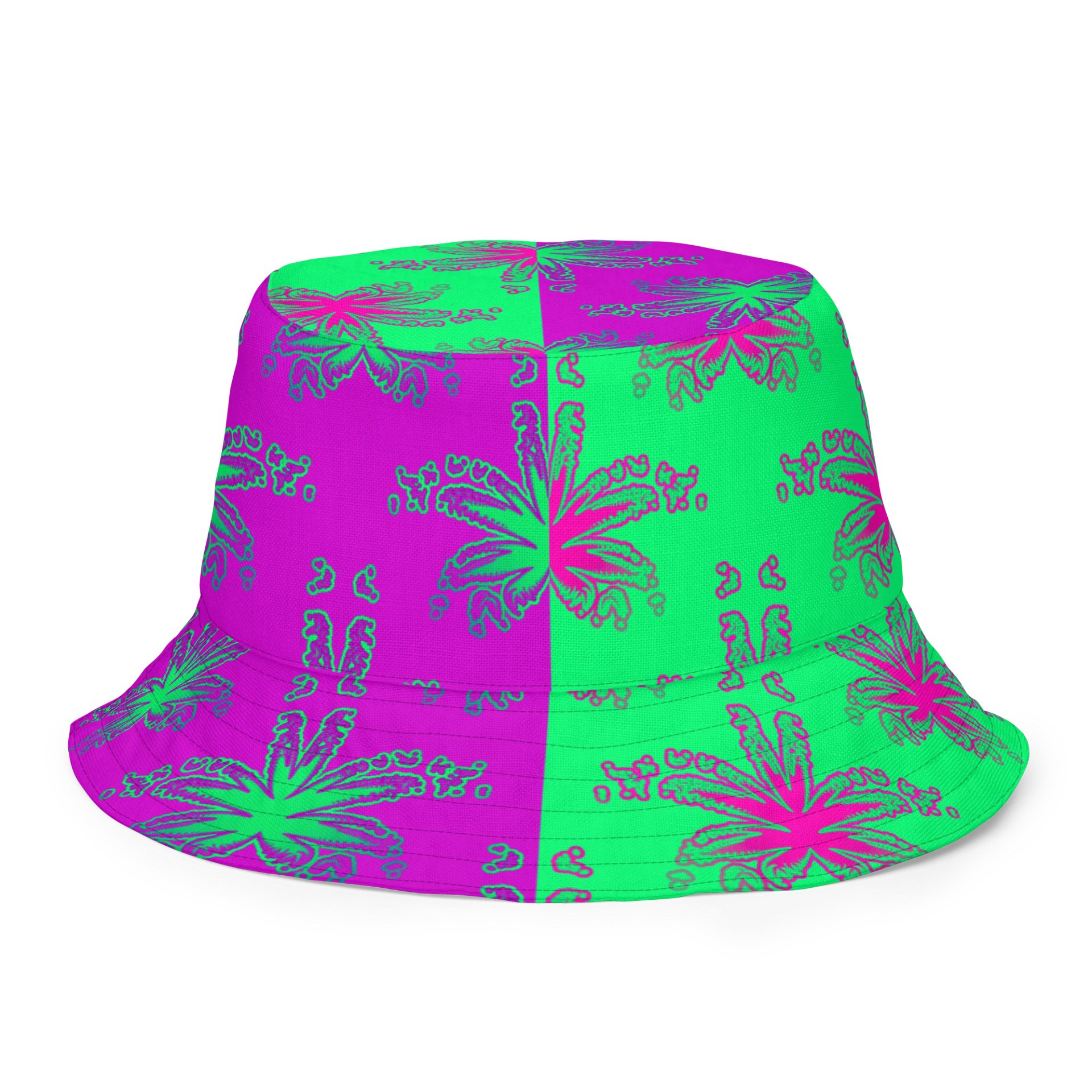 Green Purple Pot Leaf Pattern Reversible Bucket Hat, Cannabis Summertime 420 Fashion Accessory product image (6)