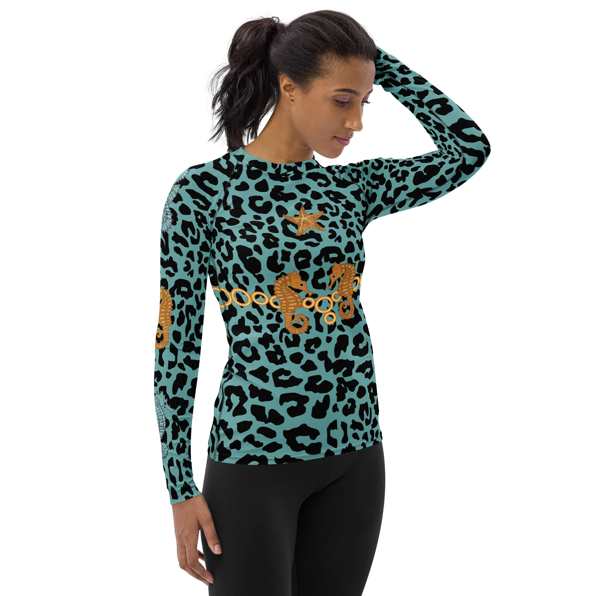 Seahorse blue leopard Women's Rash Guard product image (4)