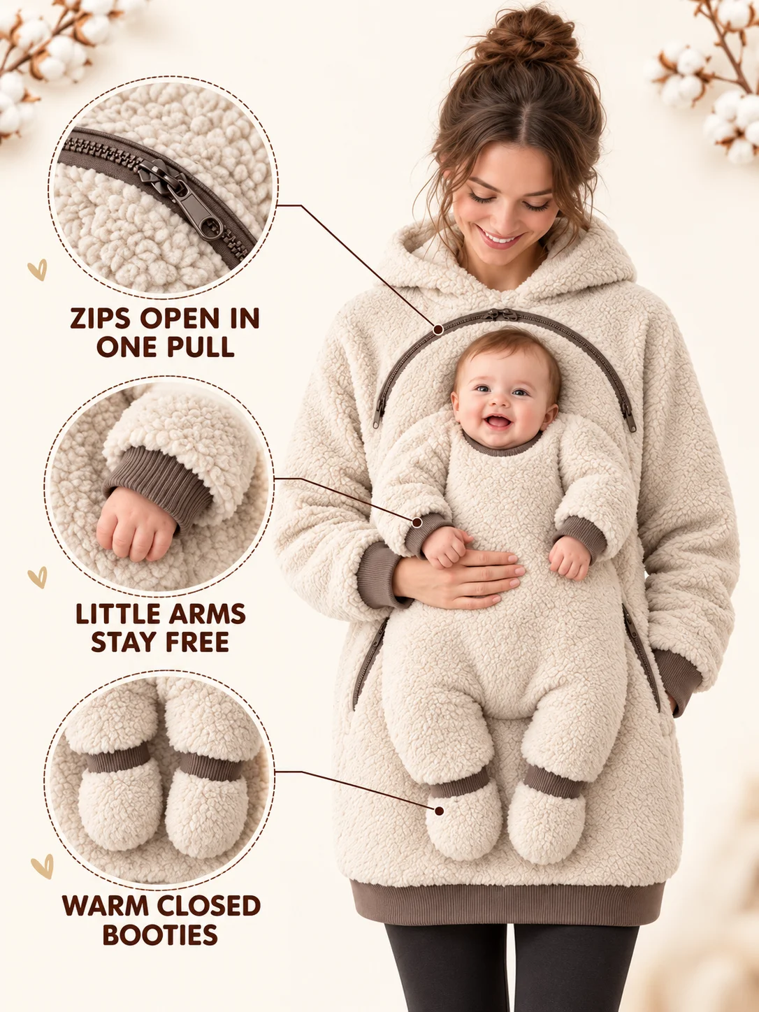 SnugNest sherpa hoodie styled with a baby pouch