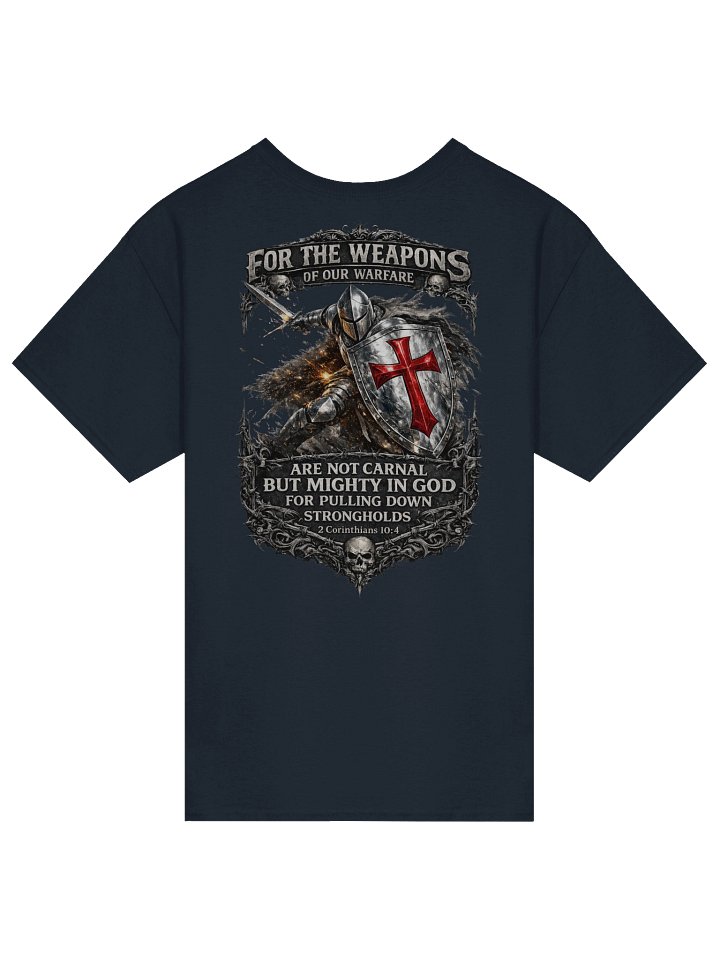 Weapons of Our Warfare 2 Corinthians 10:4 Christian Warrior T-Shirt - Knight Shield Cross Spiritual Battle Tee product image (1)
