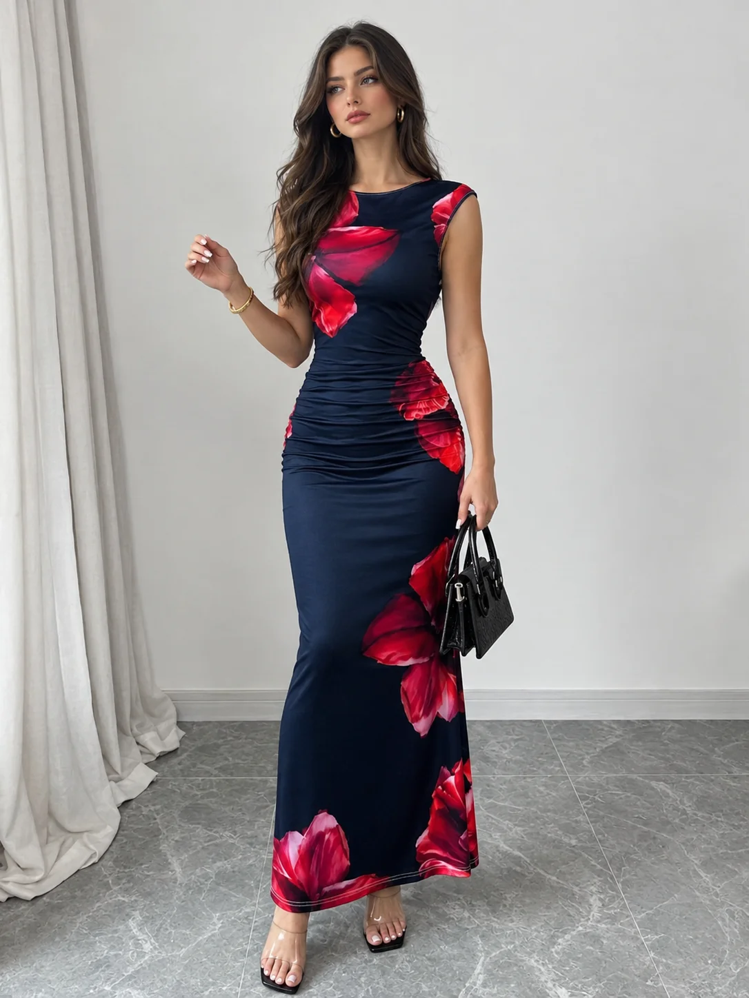 Elenzga Sleeveless Round Neck Simple Elegant Women's Floral Printed Dress, Suitable For Vacation product image (1)