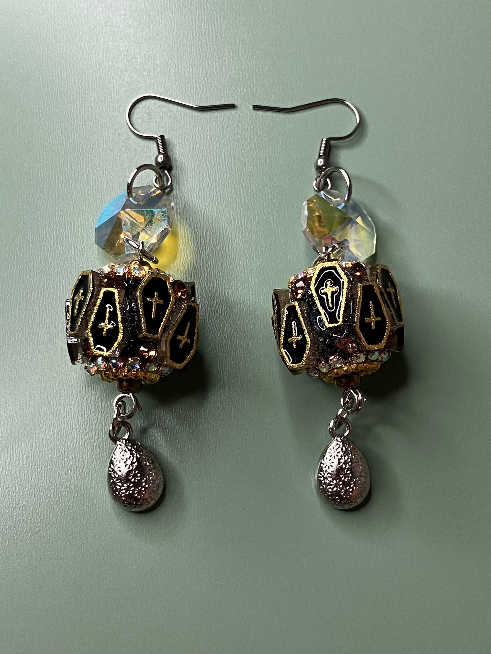 Blood Moon Crypt Black Coffin Beads & Red Rhinestone Drops Hook Earrings Handmade product image (4)