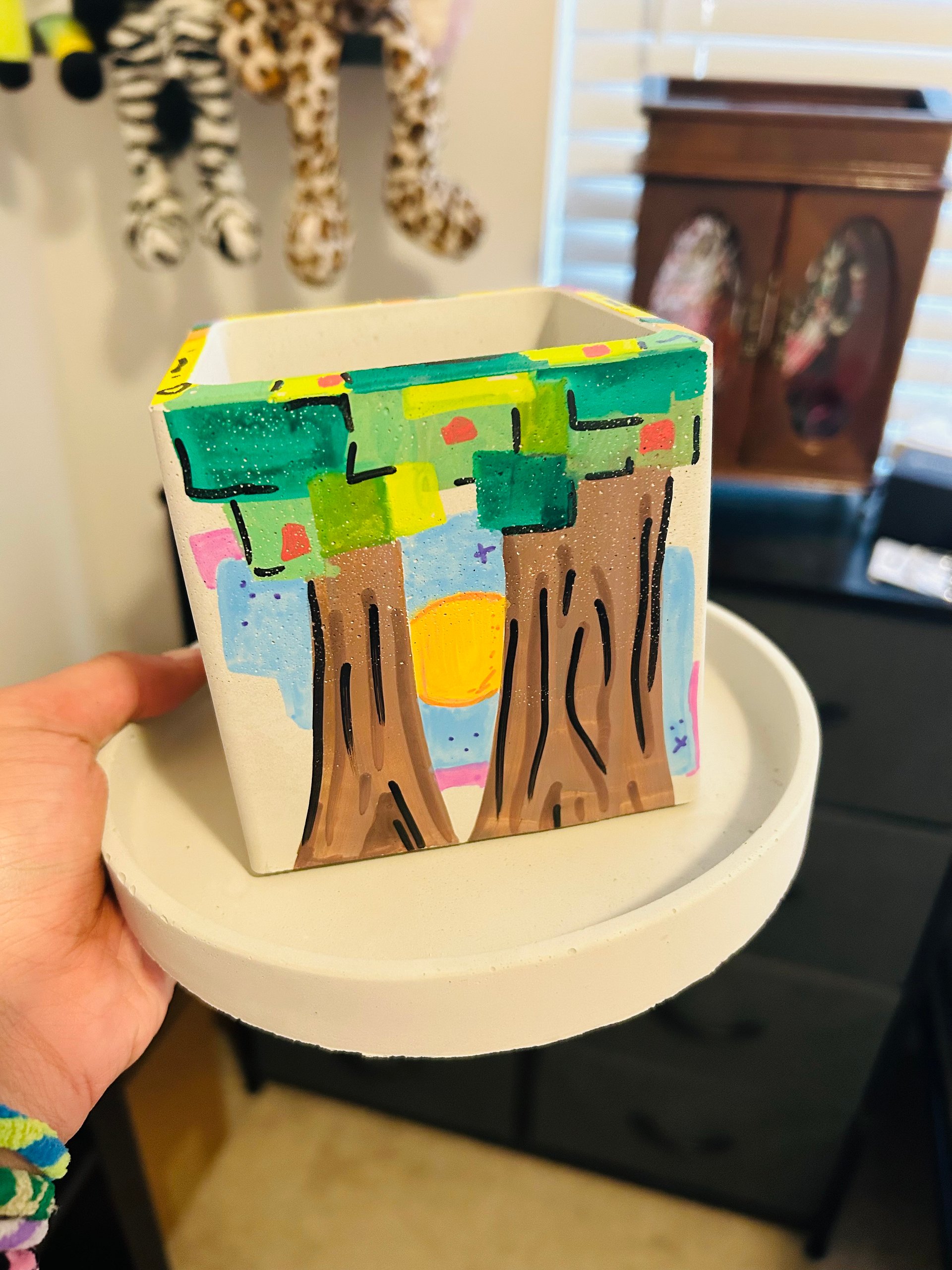 Into the forest 1-1 original painted cement plant pot and tray product image (1)
