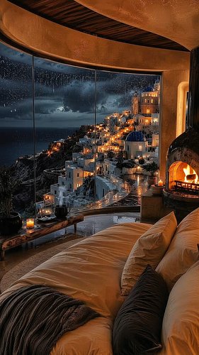 Rain on glass above the Aegean Sea with cozy fireplace warmth, relaxing rain ASMR, peaceful Santorini lights, and calming dee...