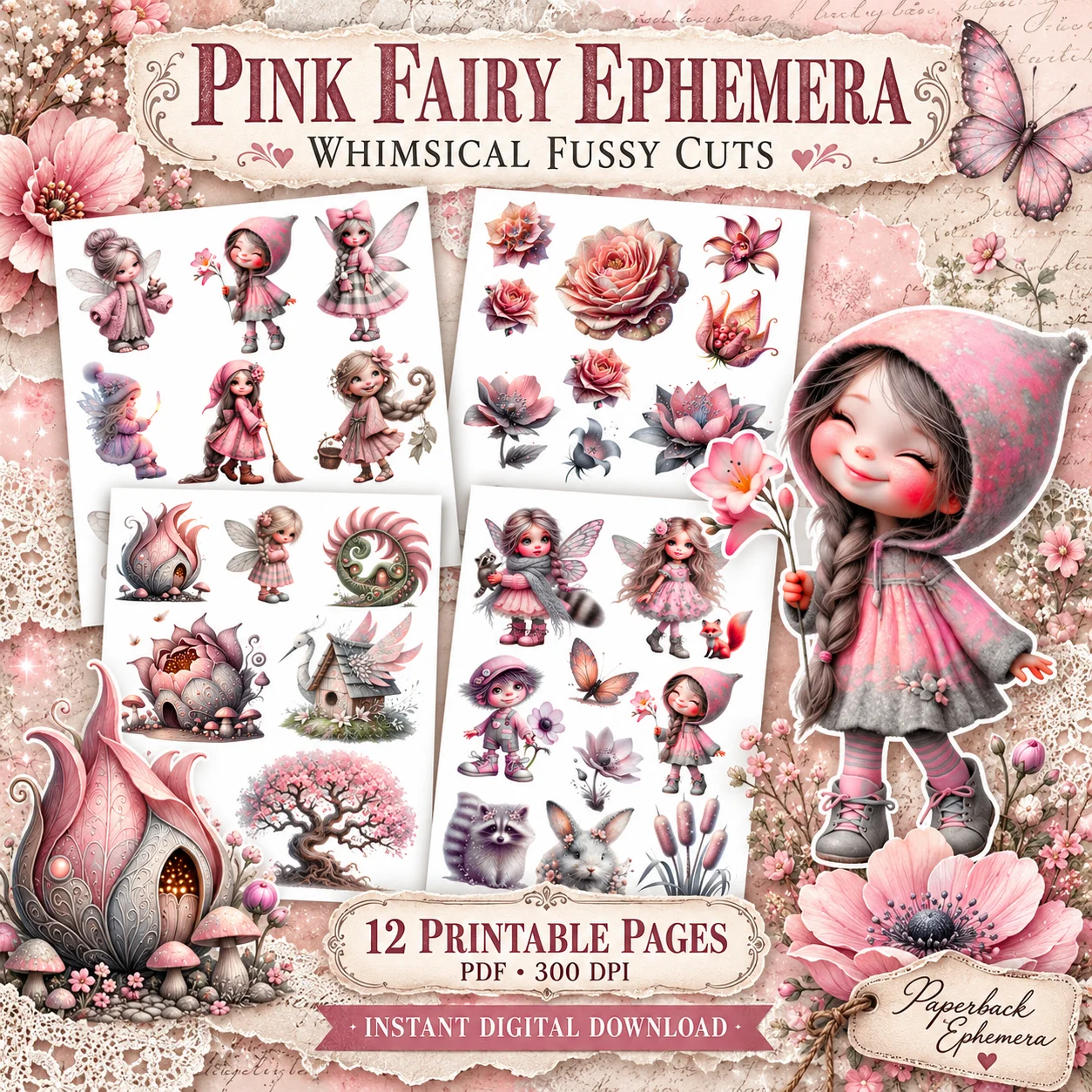 Whimsical Fairy Lover Ephemera Book Collage – Pink Fairy Printable PDF for Junk Journals product image (1)