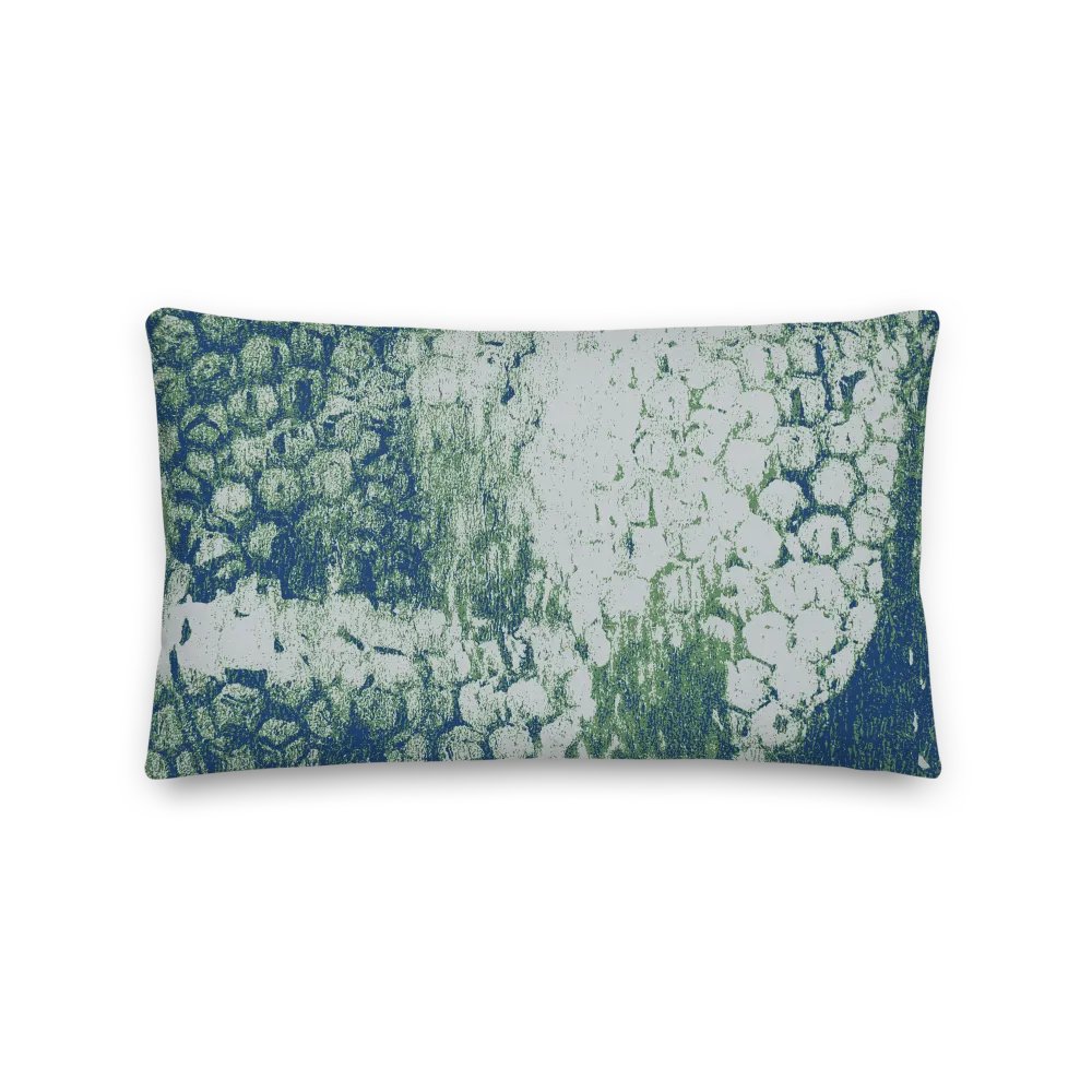 Honeycomb Grunge Throw Pillow in Mossy Green and Deep Blue on Bright Sand product image (1)
