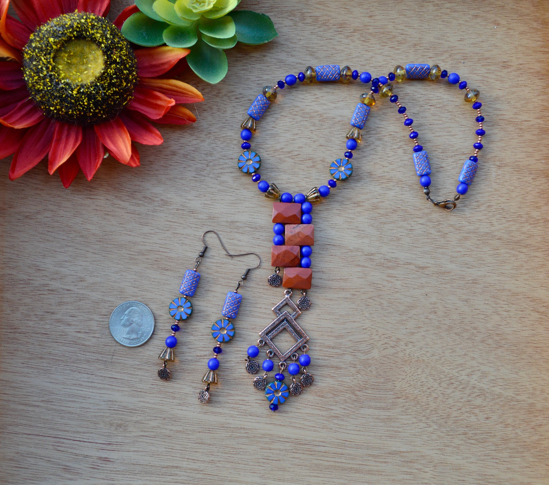 Copper and Red Jasper Rectangular Wearable Art Pendant Necklace and Earrings Jewelry Set With Deep Blue Beads product image (3)