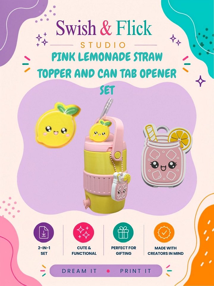 Pink Lemonade Straw Topper & Can Tab Opener Set | 2 Straw Sizes Included | Cute Kawaii Summer Drink Accessory | 3MF Digital File product image (1)