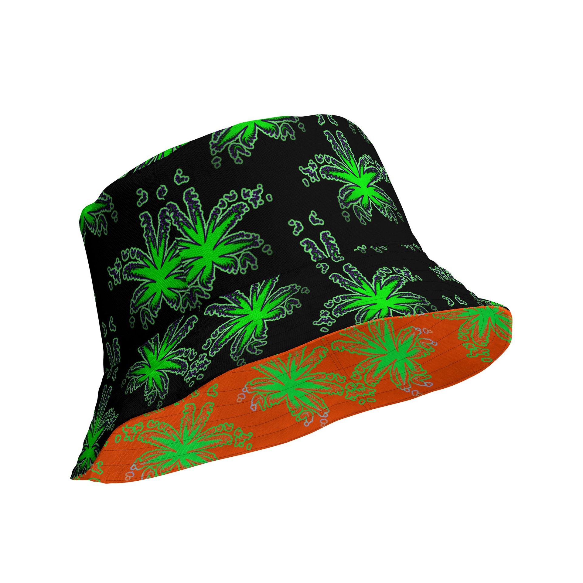 Stoner Raver Reversible Bucket Hat, Cannabis Halloween Accessory, Weird Weed Rave Wear, Orange Green Black Pot Leaf 420 Alt Festival Fashion product image (2)