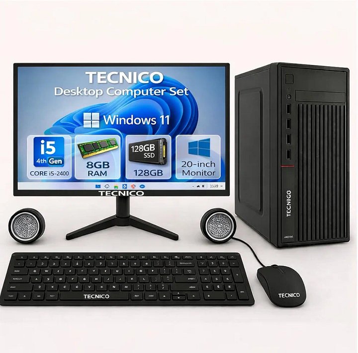 Visit the store, TECNICO TECNICO Visit the store 2.8 2.8 out of 5 stars (8) TECNICO Desktop Computer Set, Windows 11 Intel Core I5-2400, 8GB RAM, 128GB SSD, 20-Inch Monitor, Keyboard, Mouse, Speakers product image (1)