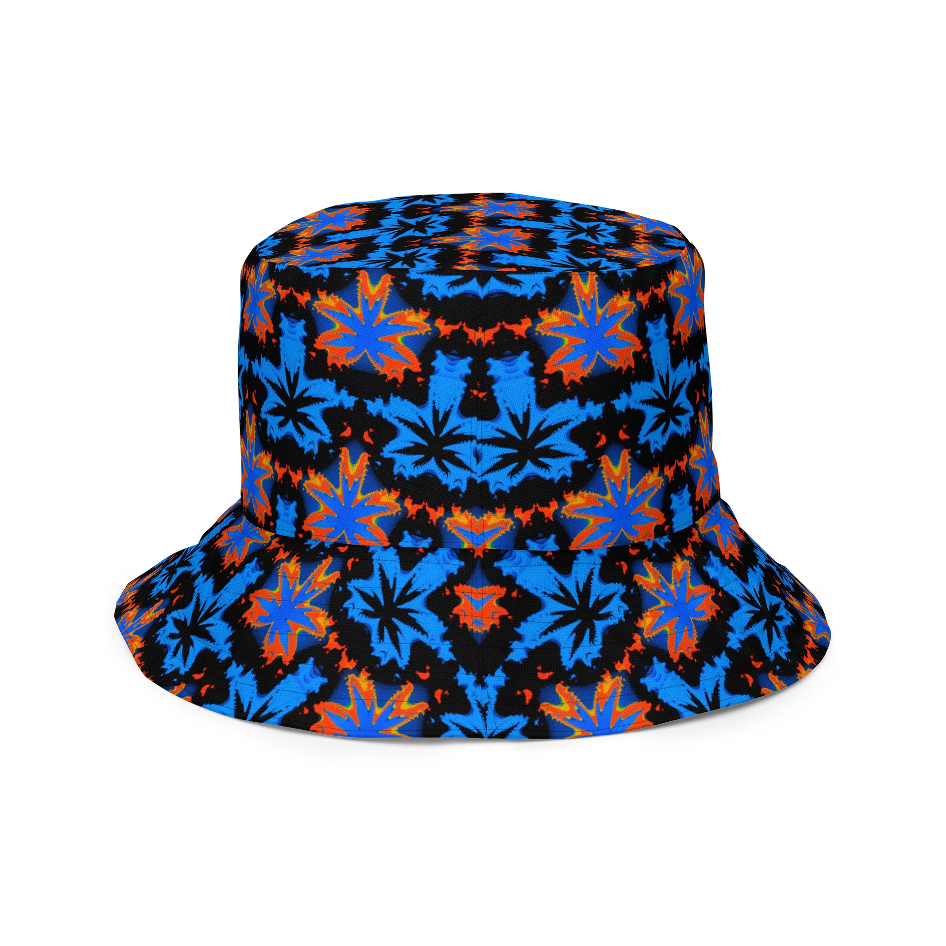 Checkers Cannabis Art Bucket Hat, Stoner Retro Rave Accessory, Pot Leaf 420 Festival Fashion, Blue Orange Black Twisted Weed Alt EDM Style product image (9)