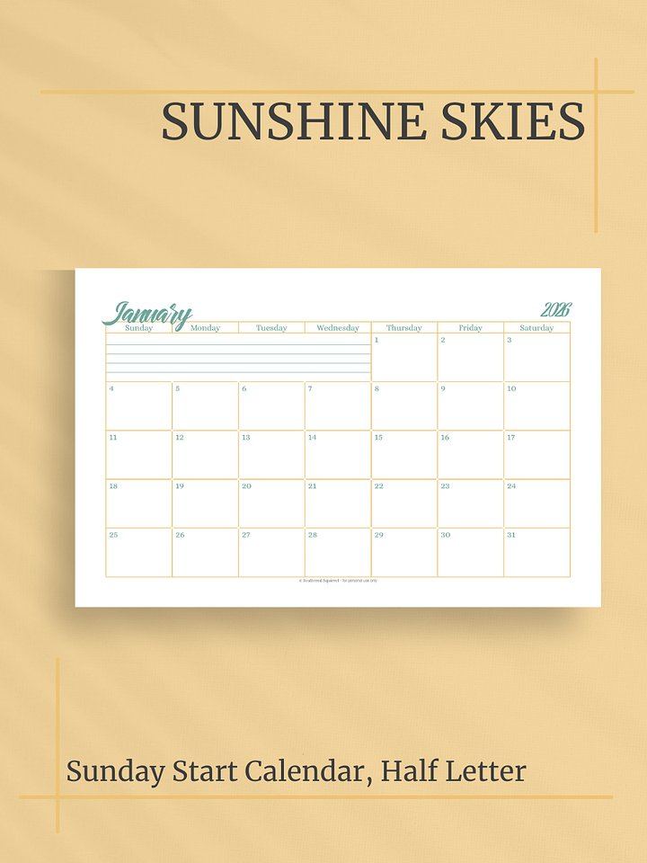 Sunshine Skies 2026 Calendar - Single Page per Month, Sunday Start, Half Letter Size product image (1)
