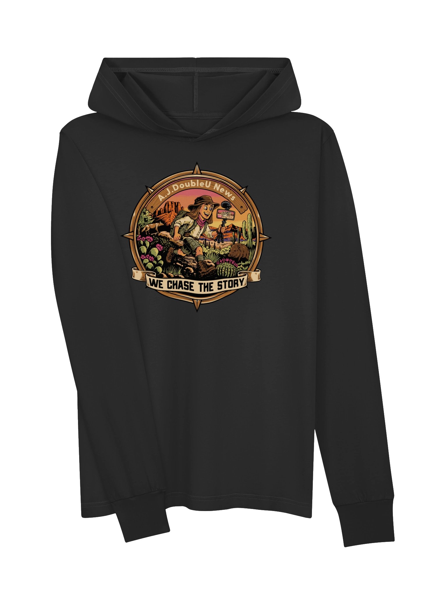 BLACK Long Sleeve T-Shirt With Hoodie - A.J. DoubleU News Adventure Badge product image (3)