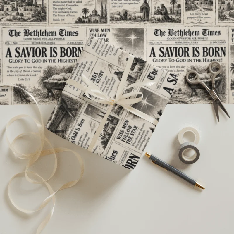 Vintage Christian Christmas Wrapping Paper | Scripture, Hymn & Nativity Gift Wrap | Luke 2 & Bethlehem Newspaper product image (3)