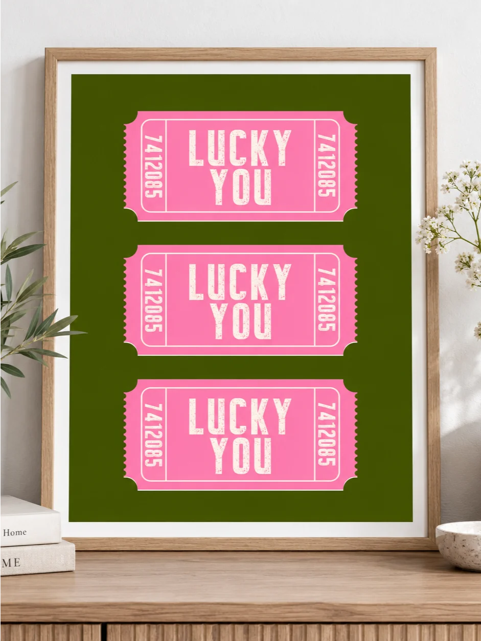 Lucky You Poster, Pink Green Ticket Wall Art, Retro Typography Print, Funky Dopamine Decor, Bright Printable Bedroom Art, Gallery Wall Print product image (6)