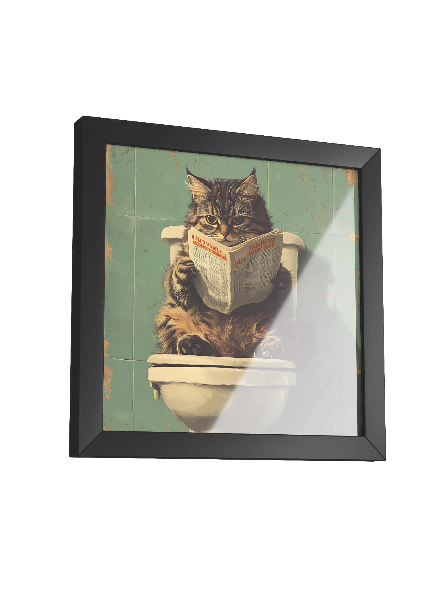 Funny bathroom cat reading newspaper wall art for quirky home decor teal retro aesthetic print for cat lovers gif product image (3)