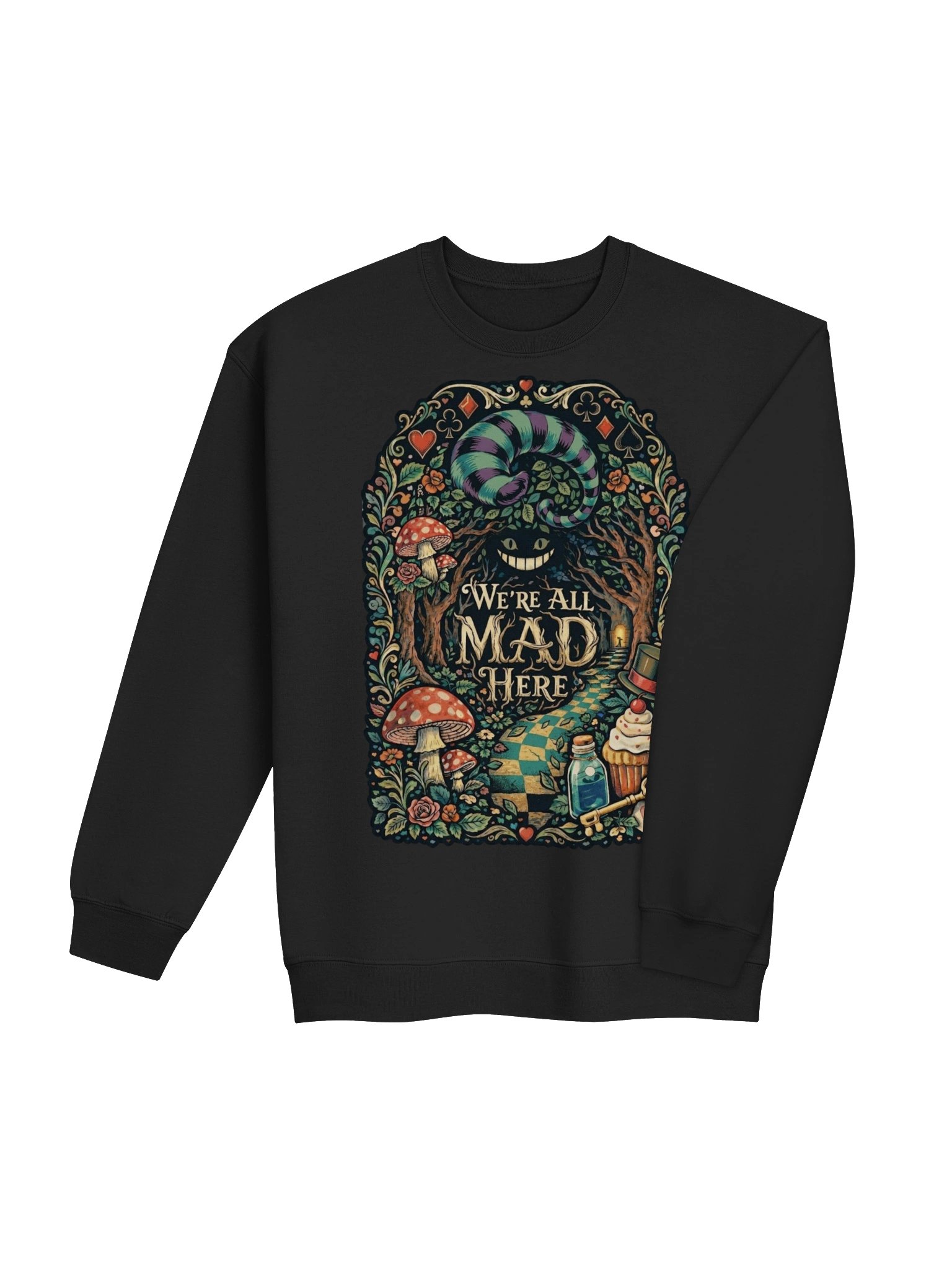 We’re All Mad Here Sweatshirt, Psychedelic Wonderland Cheshire Cat Crewneck product image (6)