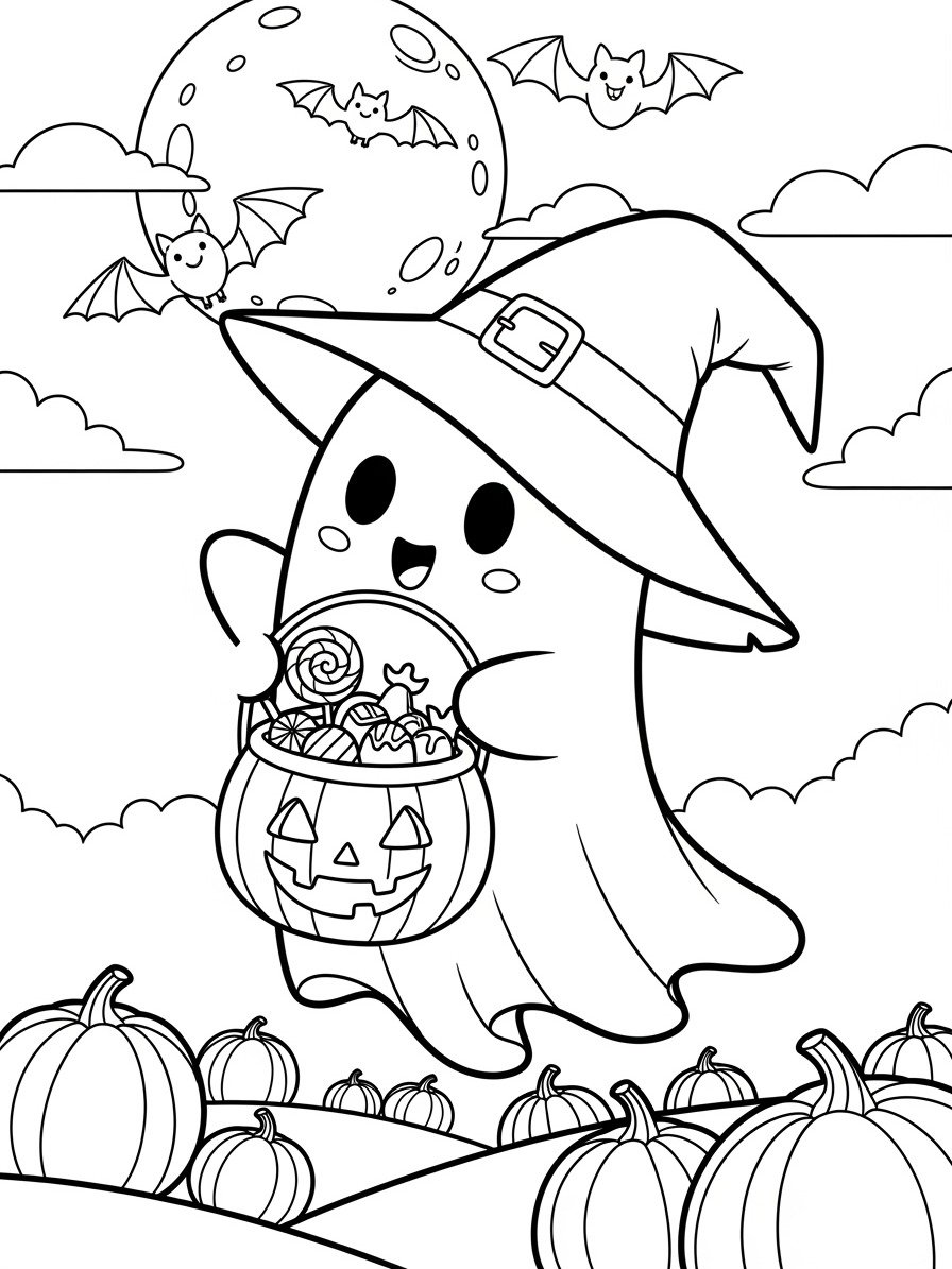 Cute Ghost Halloween Coloring Pages | 5 Printable Spooky Fun Sheets for Kids & Adults | Kawaii Witch Ghost, Pumpkins & Bats | Instant Download PDF product image (4)