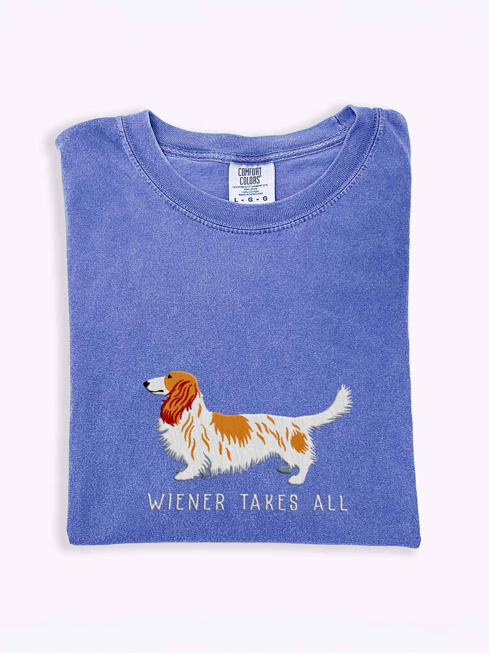 Wiener Takes All T-Shirt(Embroidered) of a Longhaired Dachshund(Pied Brown & White) product image (1)
