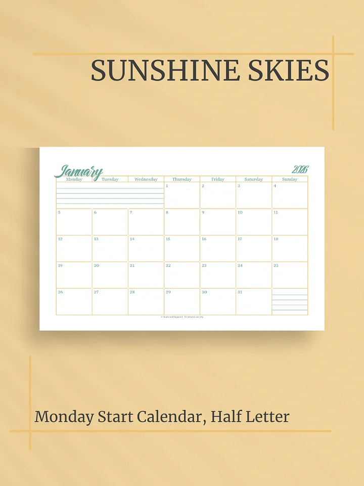 Sunshine Skies 2026 Calendar - Single Page per Month, Monday Start, Half Letter Size product image (1)