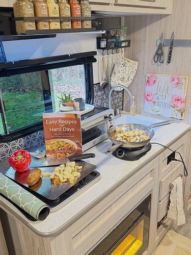 I’ve had the opportunity to cook some delicious wholesome meals in a tiny little travel trailer this week! 

Most of the time...