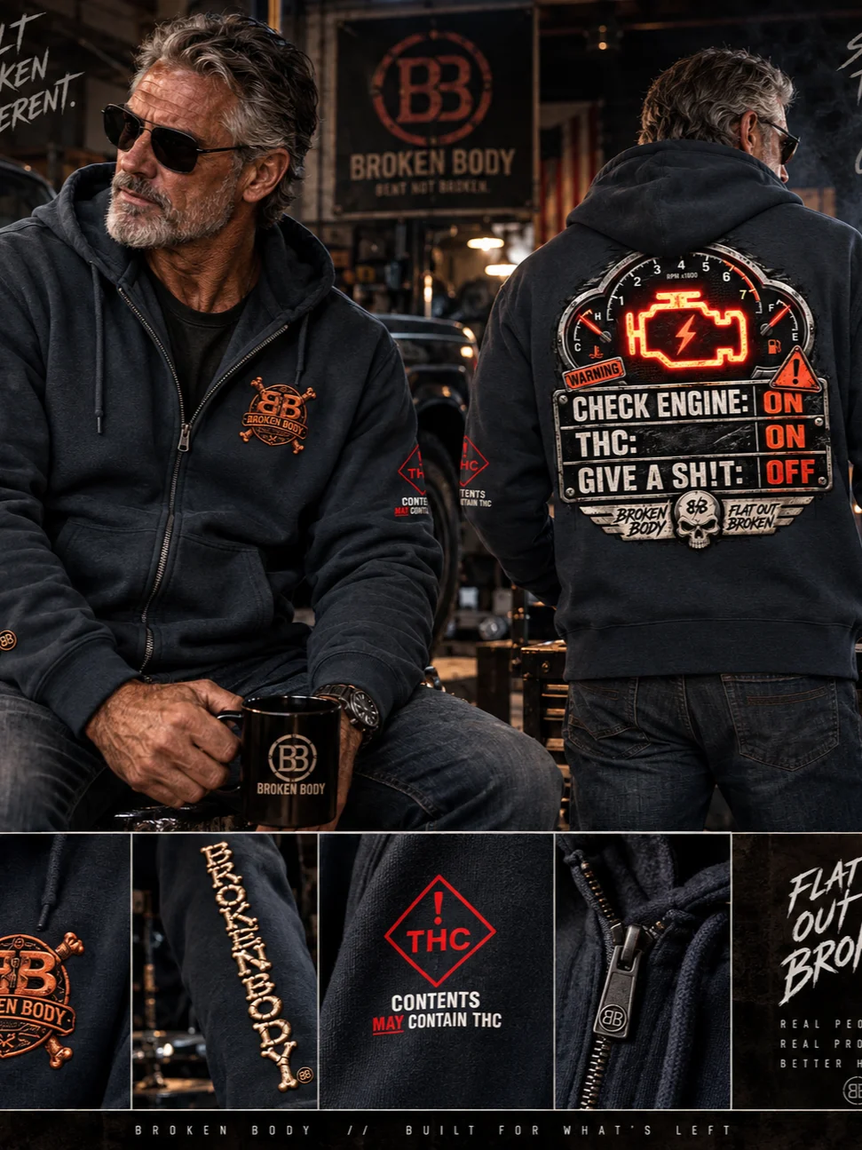 THC Check Engine Hoodie — Check Engine On, THC On, Give a Shit Off | Broken Body™ product image (1)