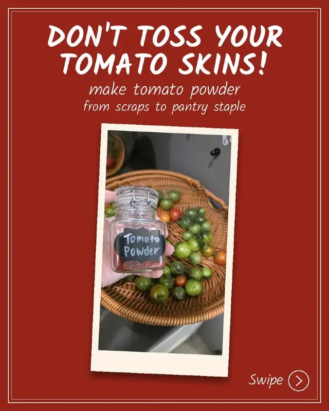 Don't toss your tomato skins! 🍅 Those peels left over from canning or sauce turn into the brightest, most flavorful tomato powder. Swipe for how I make it 👉 How to make it: 1️⃣ Save the skins: peeled skins from blanched tomatoes, spread flat in a single layer. Not ready? Freeze them until you are. Skip any moldy or spoiled bits. 2️⃣ Dehydrate at 135–150°F for 6–12 hours, or in the oven on its lowest setting with the door cracked. Dry until they're brittle and SNAP, not bendy. Any leftover moisture can lead to mold. 3️⃣ Add the dried skins to a clean, dry spice or coffee grinder. 4️⃣ Grind in short pulses with the lid on. 5️⃣ Sift, then regrind any bigger bits for a fine powder. 6️⃣ Funnel it into a clean, dry, airtight jar. 🍝 How to use it: soups, stews, sauces, spice rubs, pasta, eggs and popcorn. Mix 1 tsp with a little water for a quick tomato paste! 🫙 Storage: keep it airtight in a cool, dark place and use within about 6–12 months for the best flavor. If it clumps, add a few grains of rice or a food-safe desiccant pack, and always use a dry spoon. Any mold or off smell? Toss it. Save this for canning season and follow for more 🍅