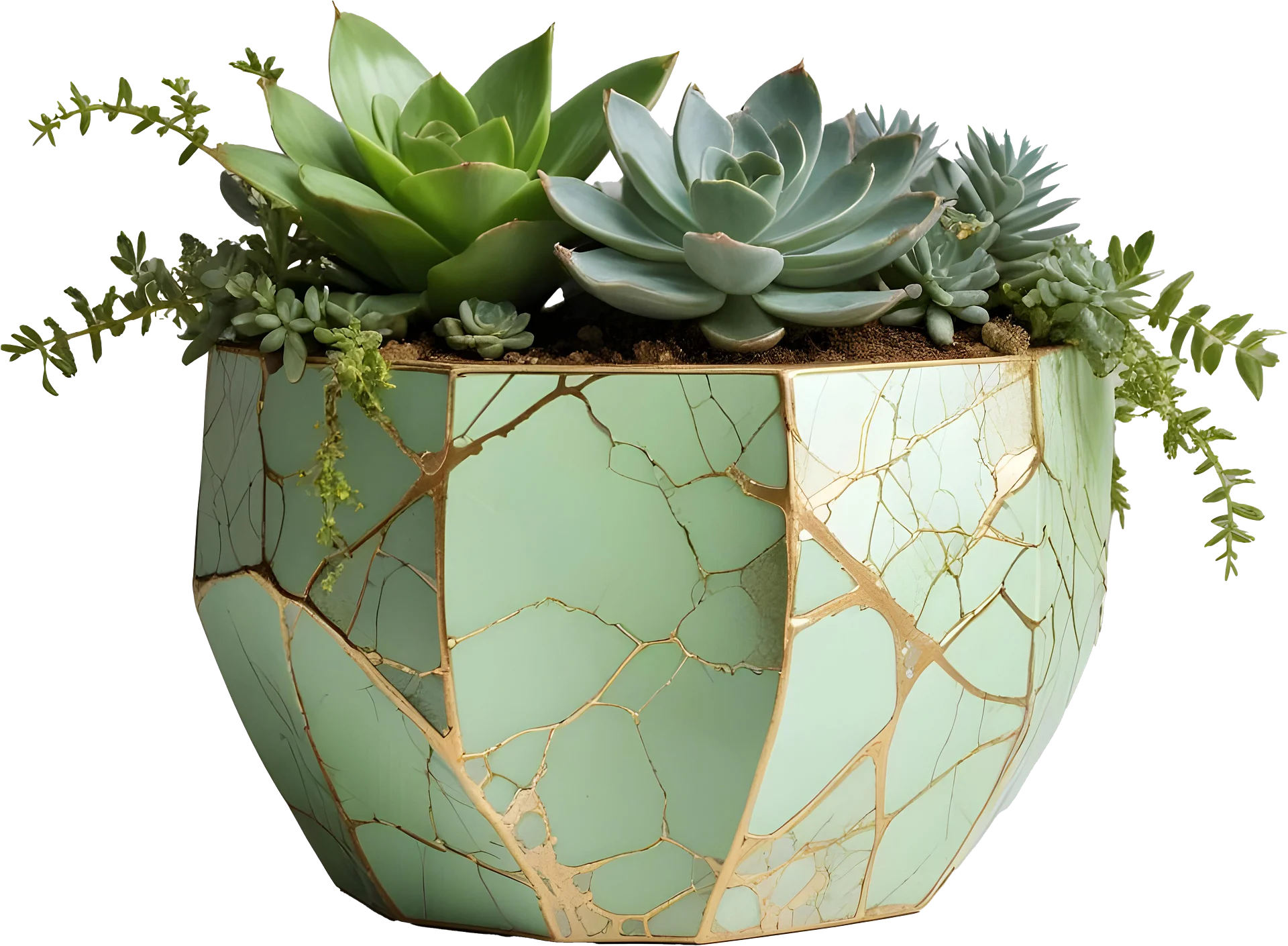 Kintsugi Elegance – Green Succulent Planter PNG product image (1)