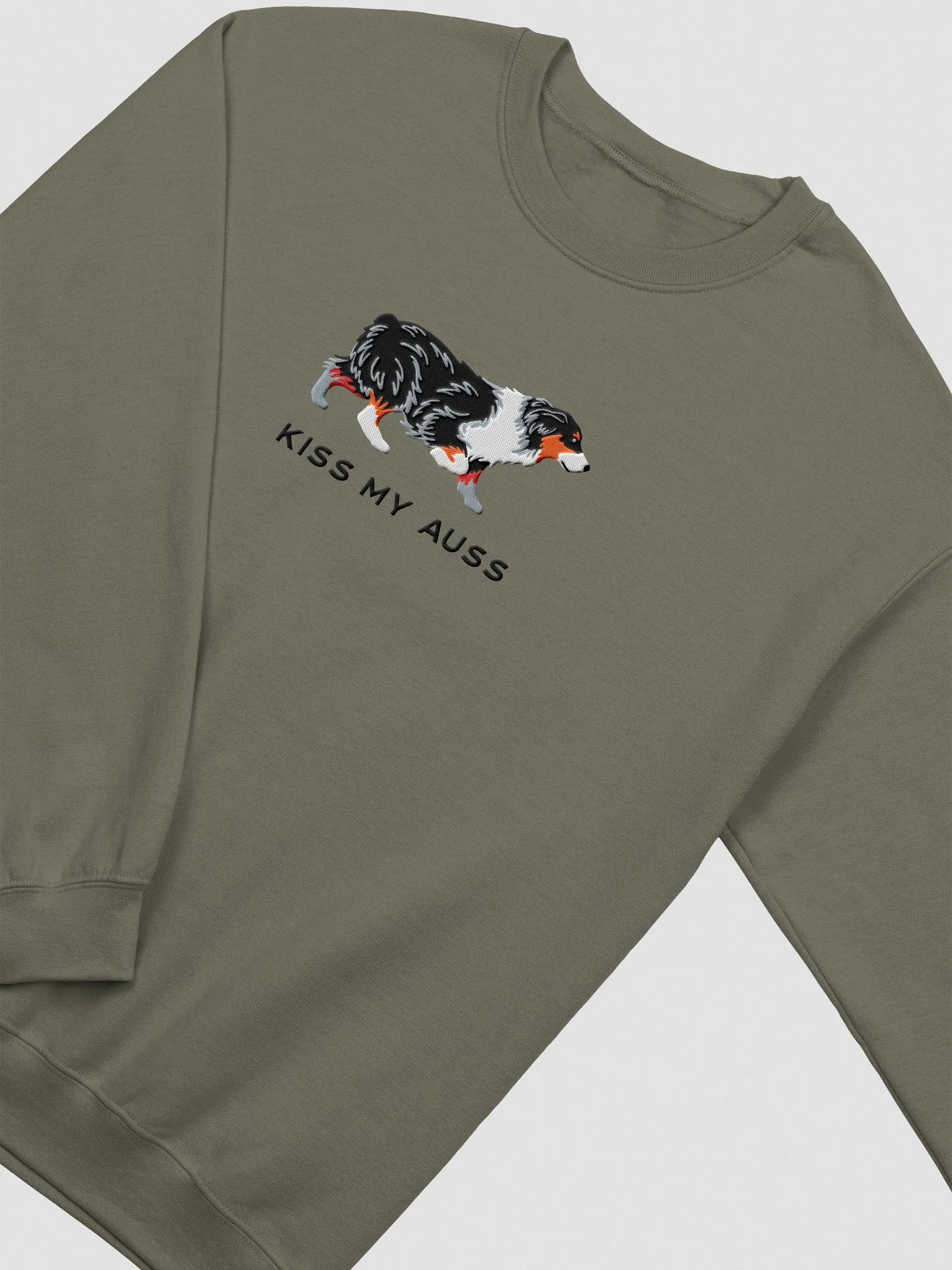 Kiss My Auss Sweatshirt (Embroidered) of an Australian Shepherd(Tricolor) product image (5)