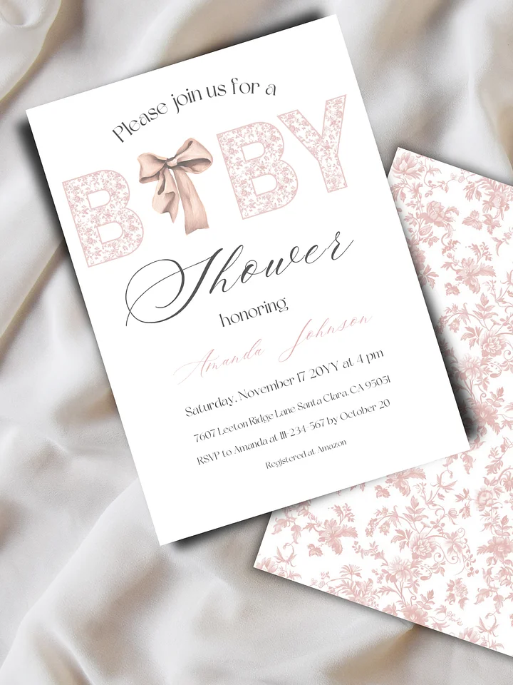 Minimalist Pink Bow Toile de Jouy Baby Shower Invitation, Chinoiserie Floral Themed Girl Baby Shower Invite for Digital Download product image (2)