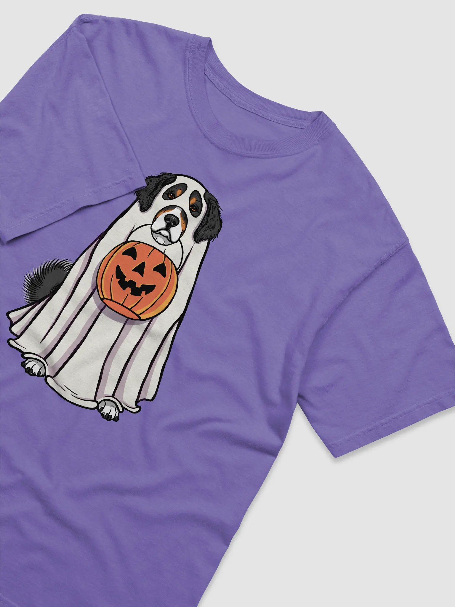 Funny Halloween Bernese Mountain Dog T-Shirt | Funny Berner Wearing a Ghost Costume and Holding a Pumpkin Basket product image (6)
