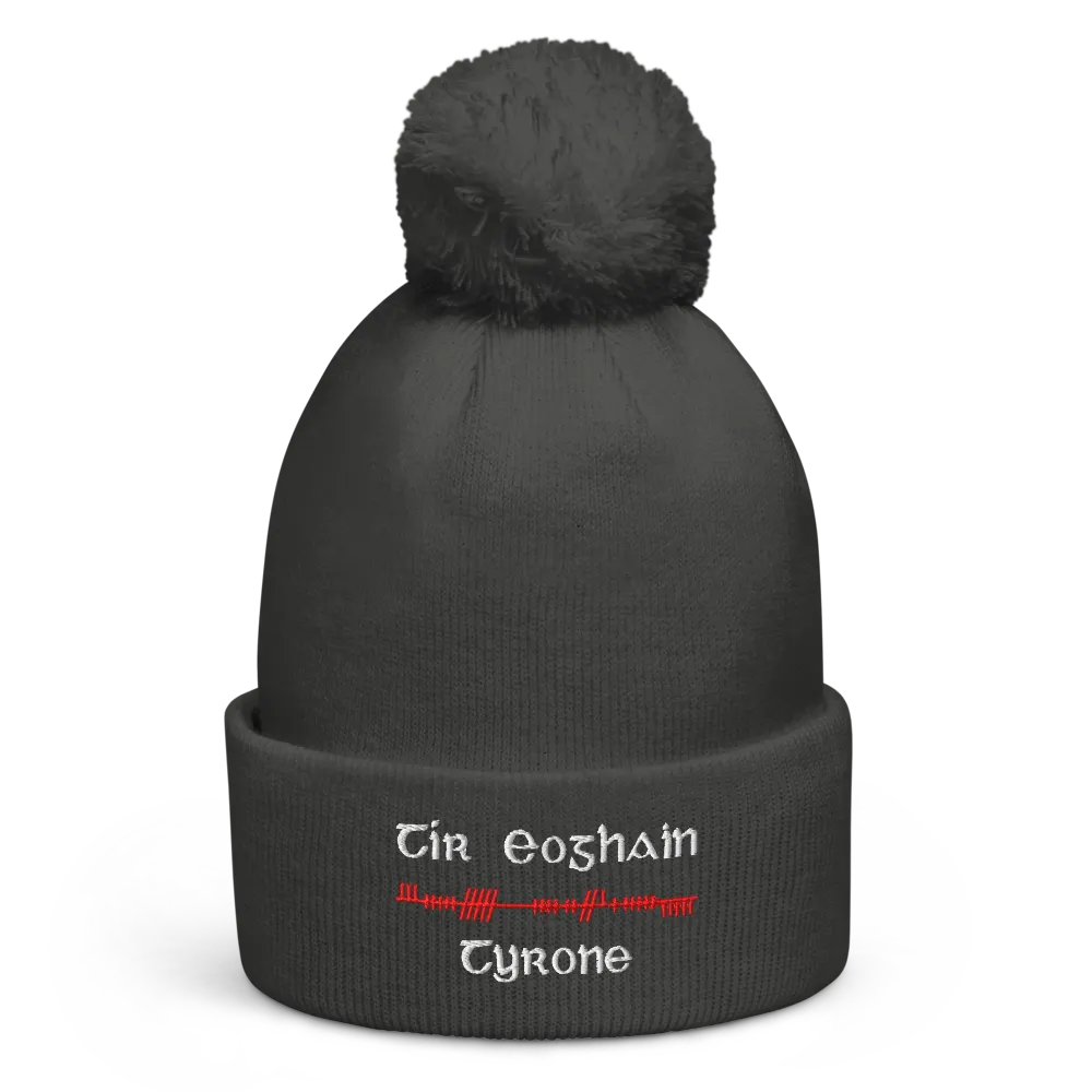 Tyrone/Tír Eoghain, Orthodox style Ogham, red and white, embroidered Pom-Pom Beanie product image (4)