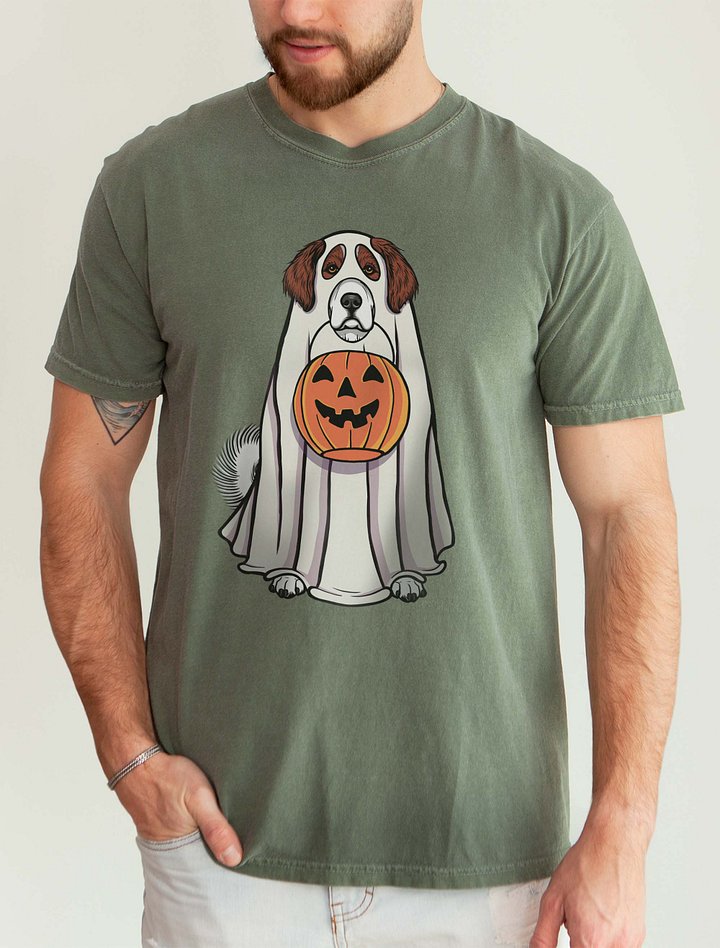 Funny Halloween Great Pyrenees(Brown) T-Shirt | Funny Pyr Wearing a Ghost Costume and Holding a Pumpkin Basket product image (2)