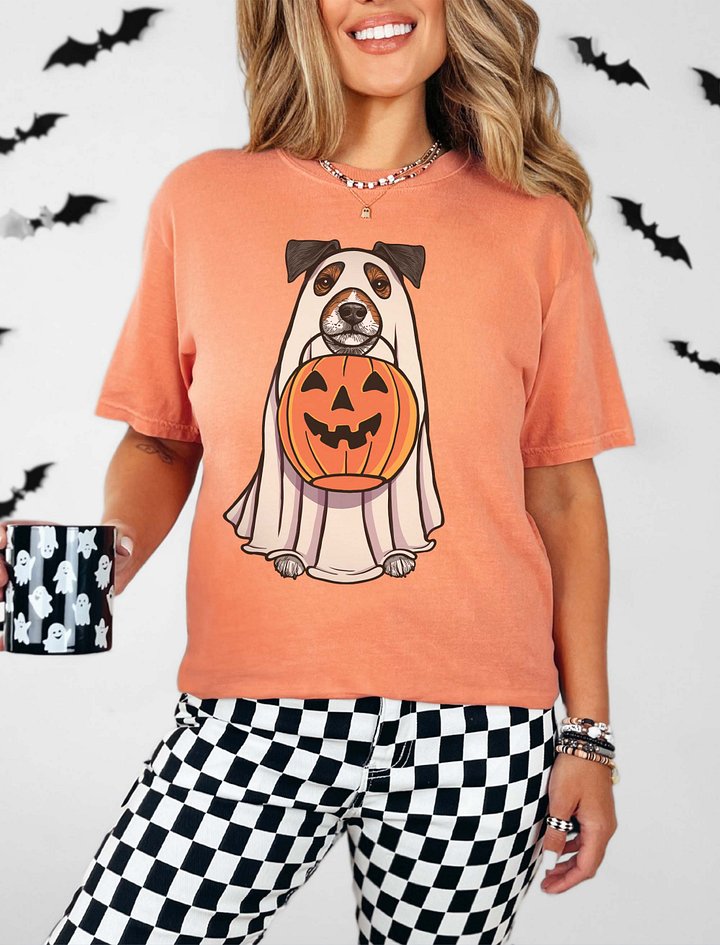 Funny Halloween Jack Russell Terrier(Grizzle) T-Shirt | Funny JRT Wearing a Ghost Costume and Holding a Pumpkin Basket product image (2)