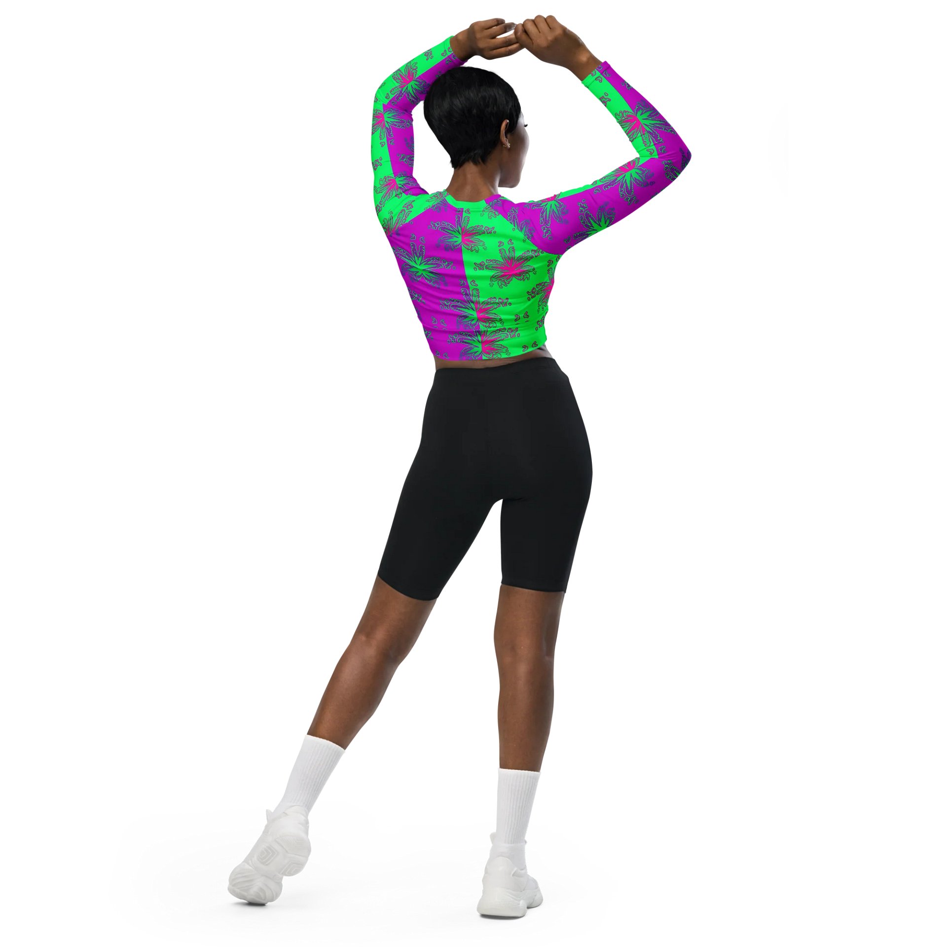 Pot Leaf Print Recycled Long-Sleeve Crop Top, 420 Stoner Circus Stripe Shirt, Cannabis Summertime Purple Mint Green Ganja Weed Beach Fashion product image (6)