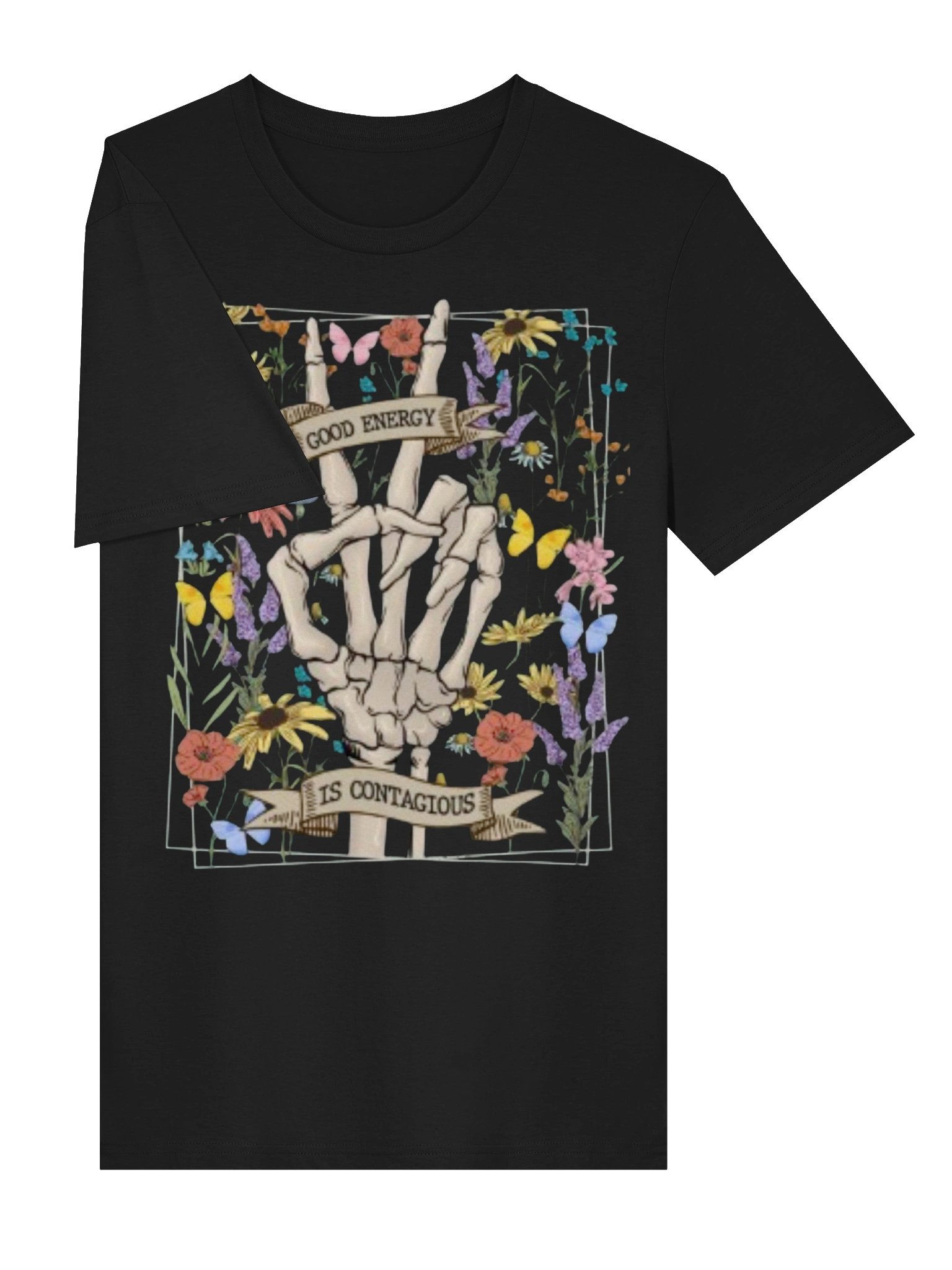 Good Energy Is Contagious T-Shirt – Skeleton Peace Sign Floral Tee | Positive Vibes product image (3)