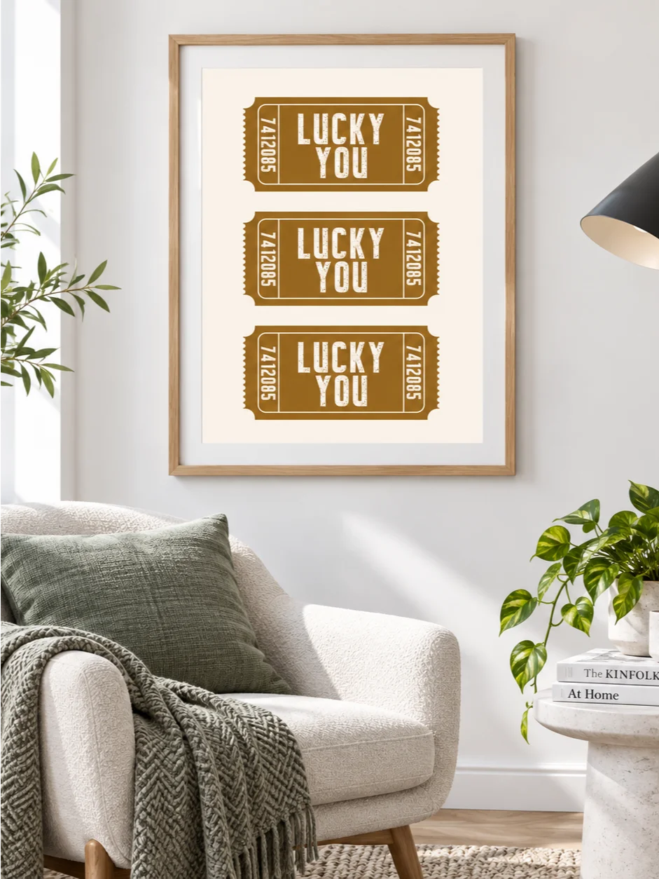 Lucky You Ticket Poster, Mustard Ochre Typography Wall Art, Retro Ticket Print, Cream Earth Tone Art, Printable Quote Art, Vintage Art Print product image (4)