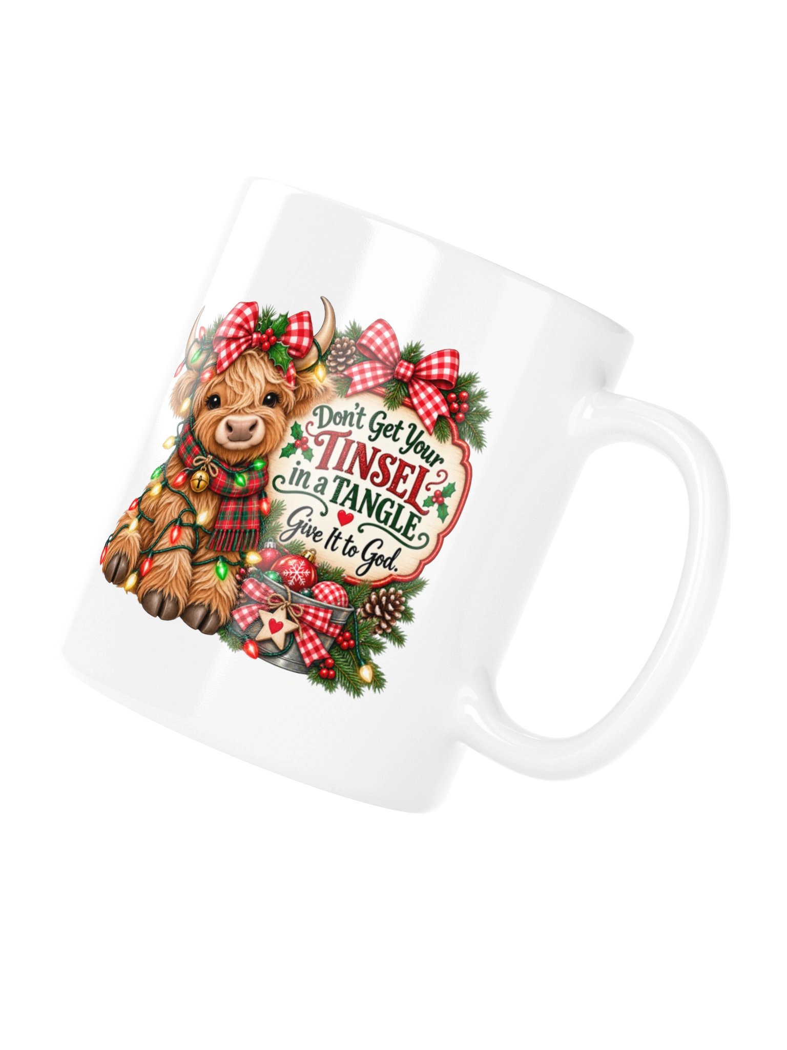 Funny Christian Christmas Mug | Highland Cow Tinsel Mug | Give It to God | Christmas Coffee Cup product image (6)