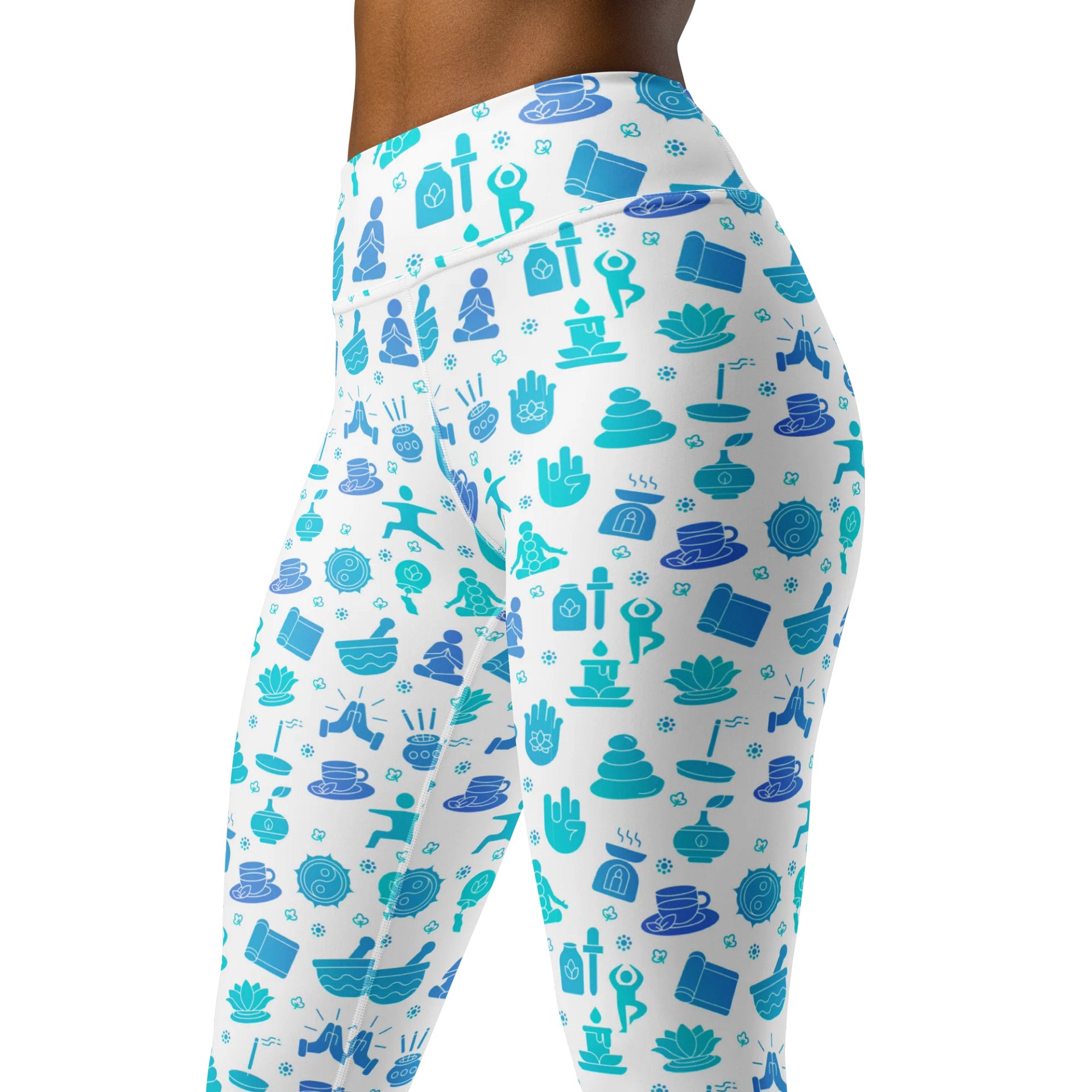 Zen Harmony Yoga-Meditation Leggings - Blue Wellness Icons on White product image (4)