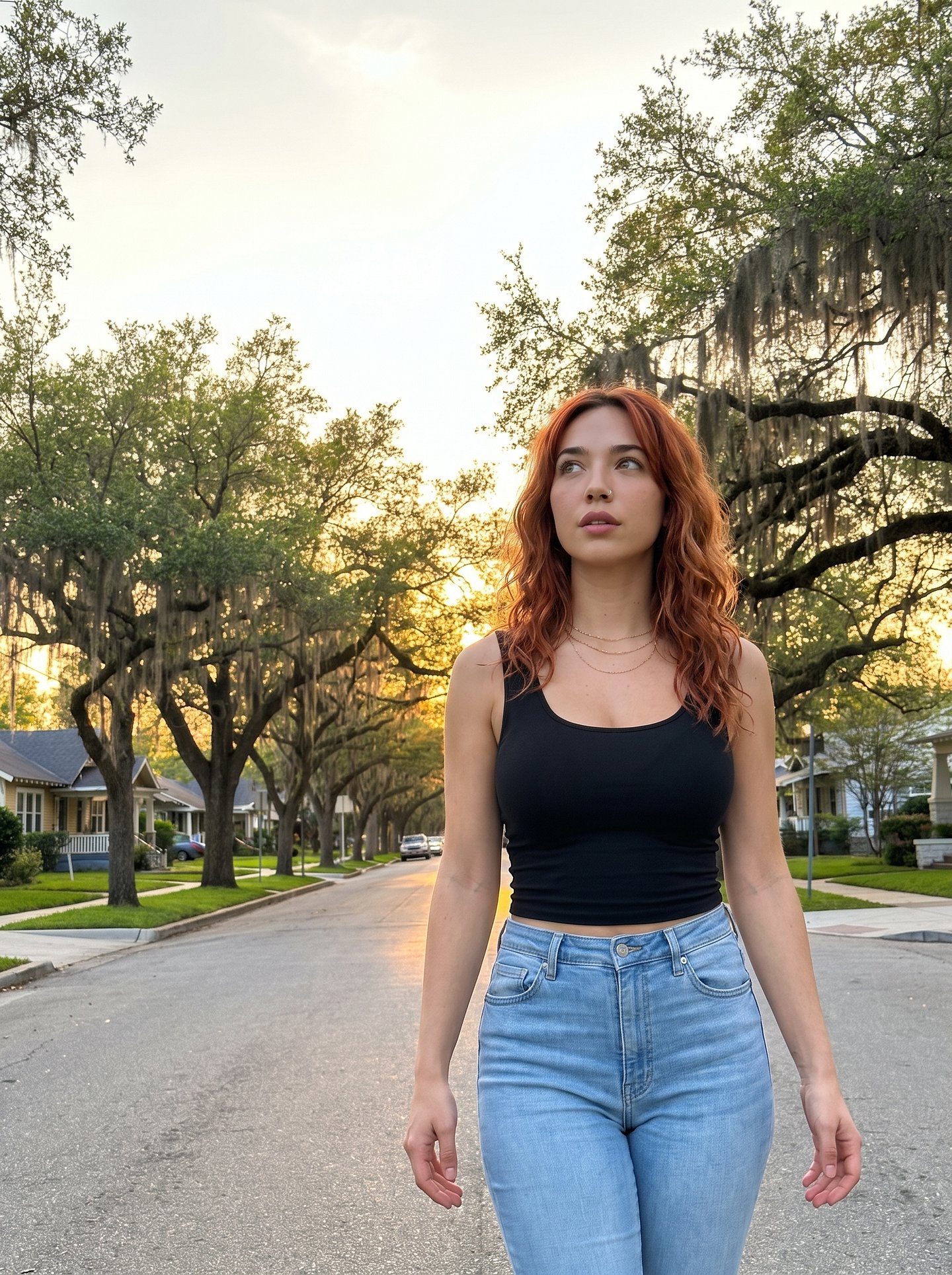 Ai Morgan walking outside and looking upward