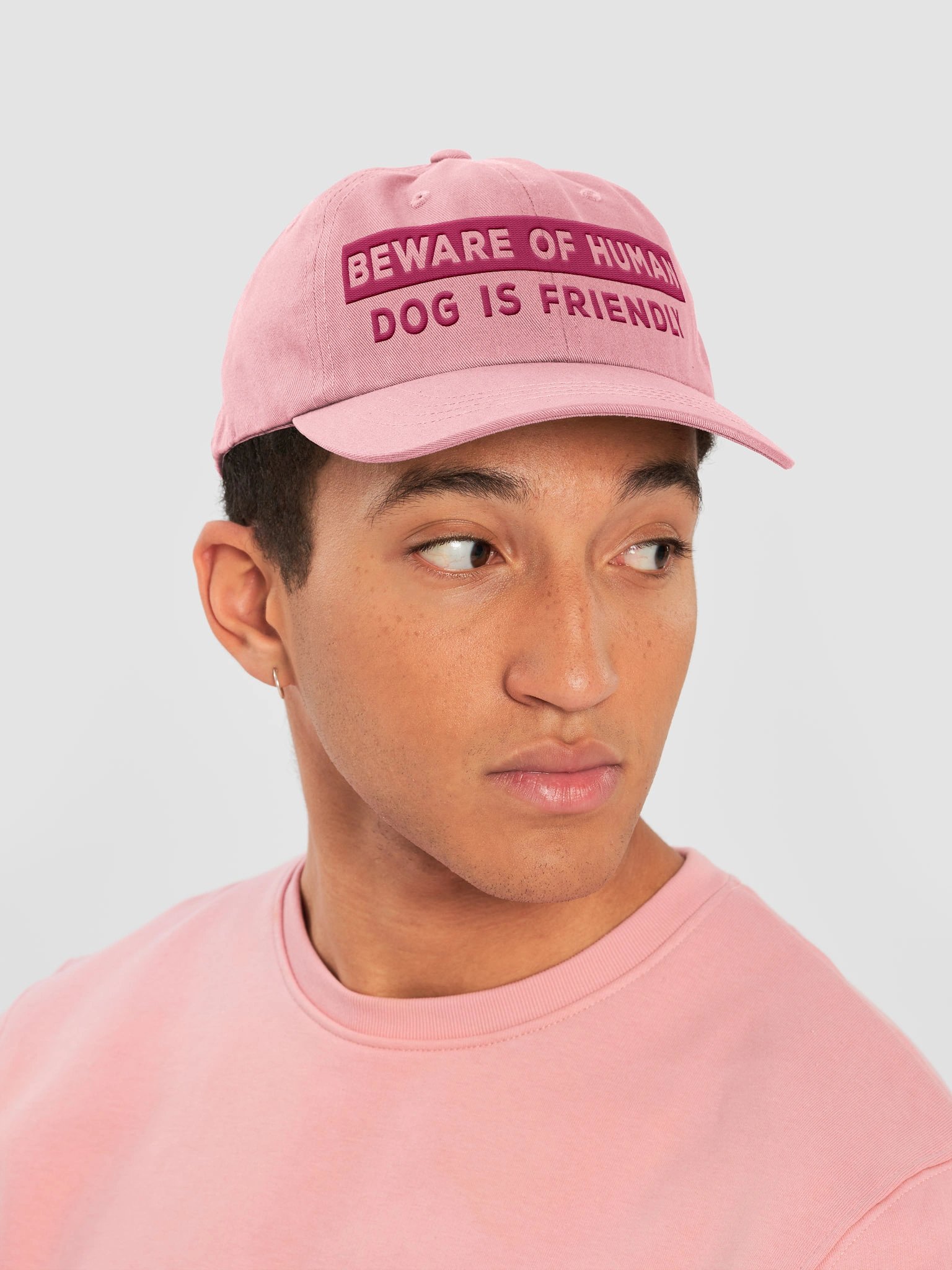 Beware of Human. Dog Is Friendly (Embroidered) Low Contrast (Pink)Classic Dad Hat product image (6)