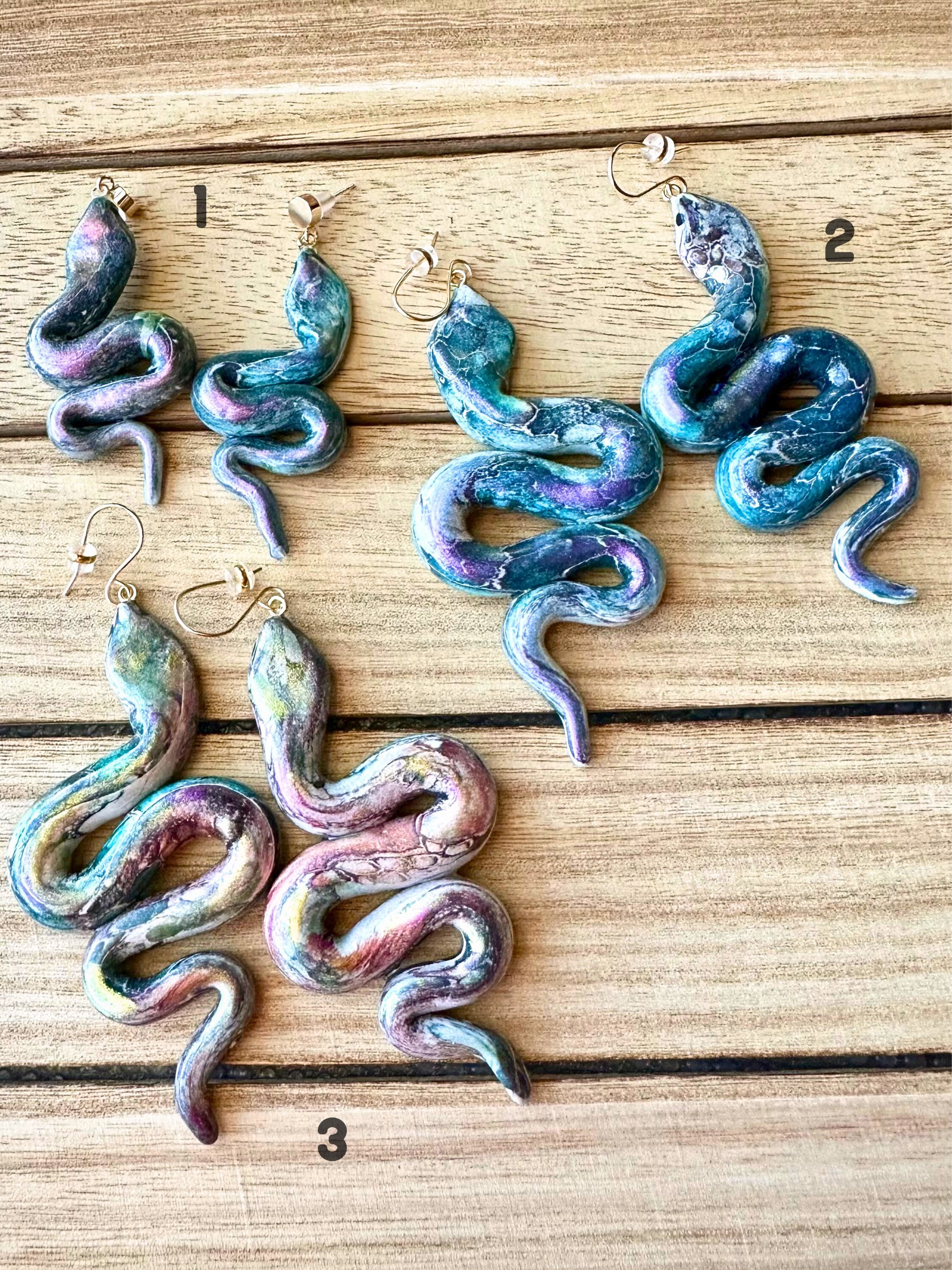 Galaxy Serpent Statement Earrings – Iridescent Blue Handmade Clay Dangles product image (2)