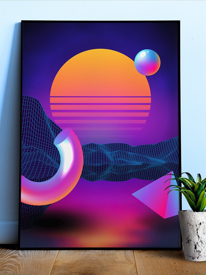 Neon sunset, geometric figures [synthwave/vaporwave/cyberpunk] — aesthetic art print product image (1)