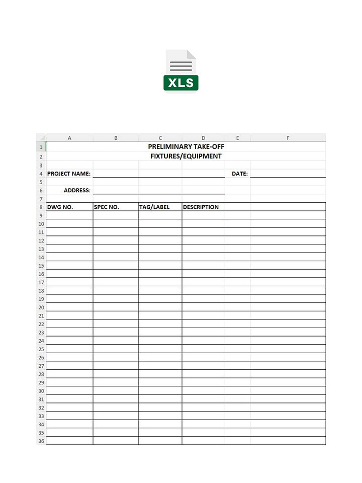 Preliminary Take-Off - Fixtures & Equipment - MS Excel product image (1)