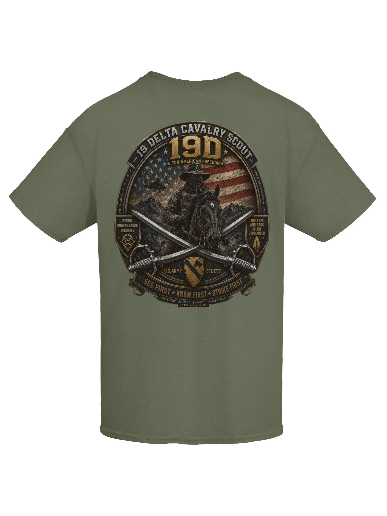 19 Delta Cavalry Scout – See First • Know First • Strike First | American Freedom Veteran Tribute Tee product image (2)